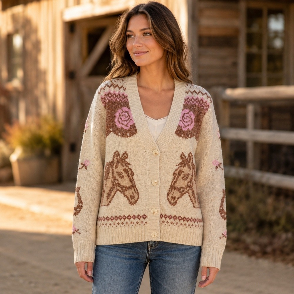 Haute Hippie Style Horse Rose Intarsia Cardigan Sweater Cream Brown Pink Medium